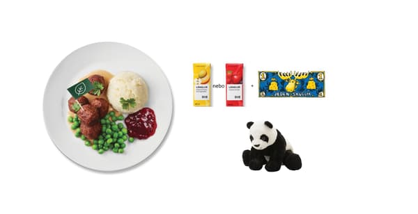 Švédské masové kuličky
5 ks kuliček, smetanová omáčka, hrášek, brusinky, příloha, smoothie LÅNGLUR z ovoce a zeleniny nebo smoothie LÅNGLUR s jablky a lesním ovocem, plyšová hračka KRAMIG