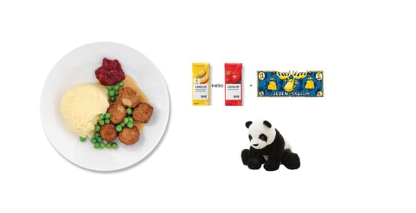 Švédské masové kuličky
5 ks kuliček, smetanová omáčka, hrášek, brusinky, příloha, smoothie LÅNGLUR z ovoce a zeleniny nebo smoothie LÅNGLUR s jablky a lesním ovocem, plyšová hračka KRAMIG
