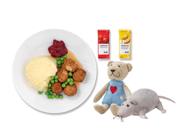 Švédské masové kuličky, jedno ovocné smoothie LÅNGLUR, plyšová hračka FABLER BJÖRN nebo GOSSIG RÅTTA