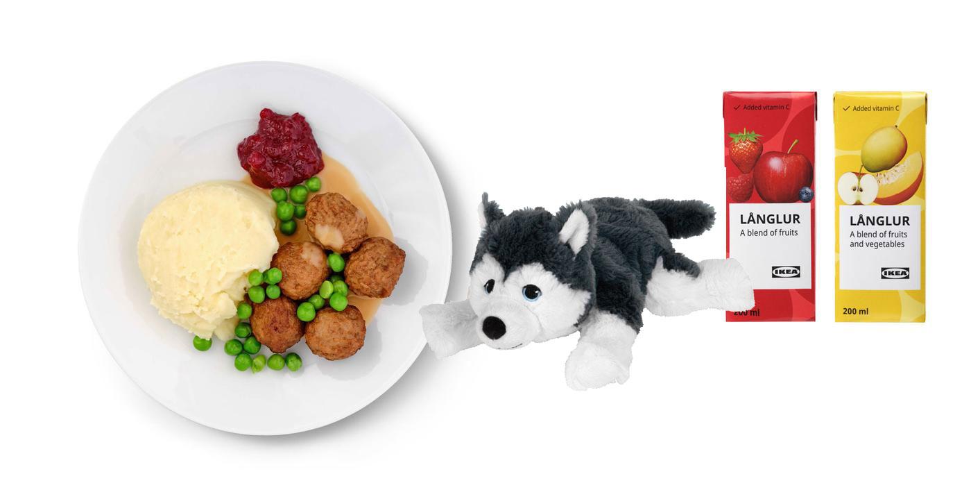 Švédské masové kuličky, jedno ovocné smoothie LÅNGLUR, plyšová hračka LIVLIG