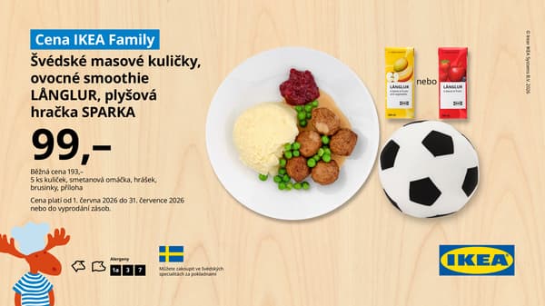 Švédské masové kuličky, ovocné smoothe LANGLUR, plyšová hračky SPARKA