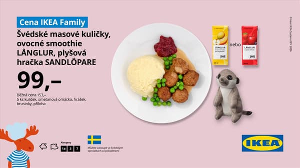 Švédské masové kuličky, ovocné smoothe LANGLUR, plyšová hračky SANDLOPARE