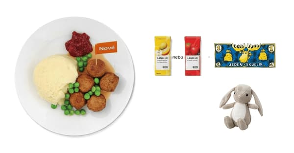 Švédské masovo-zeleninové kuličky 5 ks, hrášek, smetanová omáčka, příloha, brusinky, ovocné smoothie LÅNGLUR, plyšová hračka DVÄRGHARE - zajíček