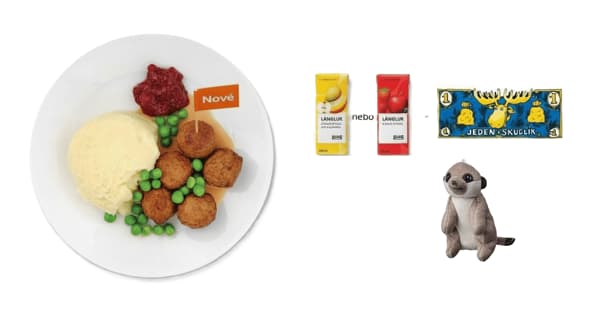 Švédské masovo-zeleninové kuličky 5 ks, hrášek, smetanová omáčka, příloha, brusinky, ovocné smoothie LÅNGLUR, plyšová hračka SANDLÖPARE - surikata