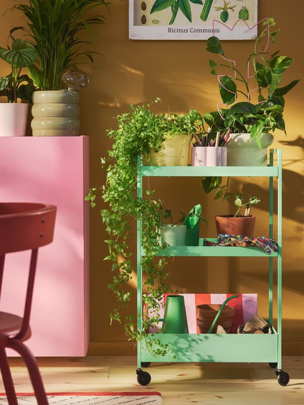 Svetlozelený vozík NISSAFORS plný rastlín v kvetináči stojí pred žltou stenou.  