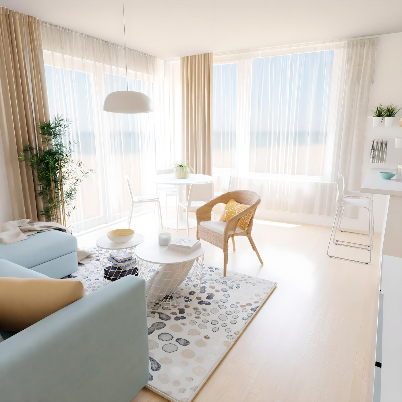 Svijetli dnevni boravak s velikim prozorima, bijelim namještajem, tepihom s uzorkom i biljkama.