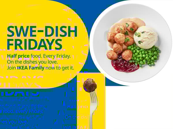 Swe-Dish Fridays graphic in blue and yellow, with meatballs image. 