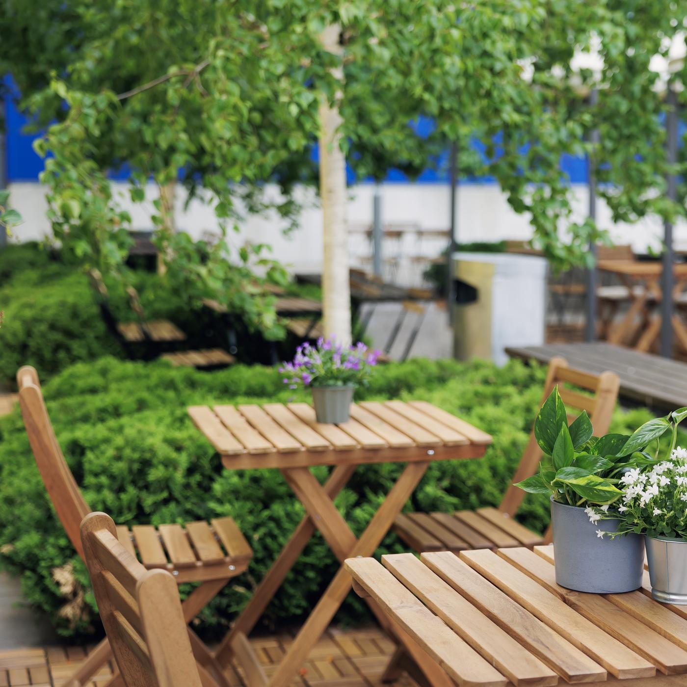 Swedish Deli seating area with wooden tables, chairs and lush plants.