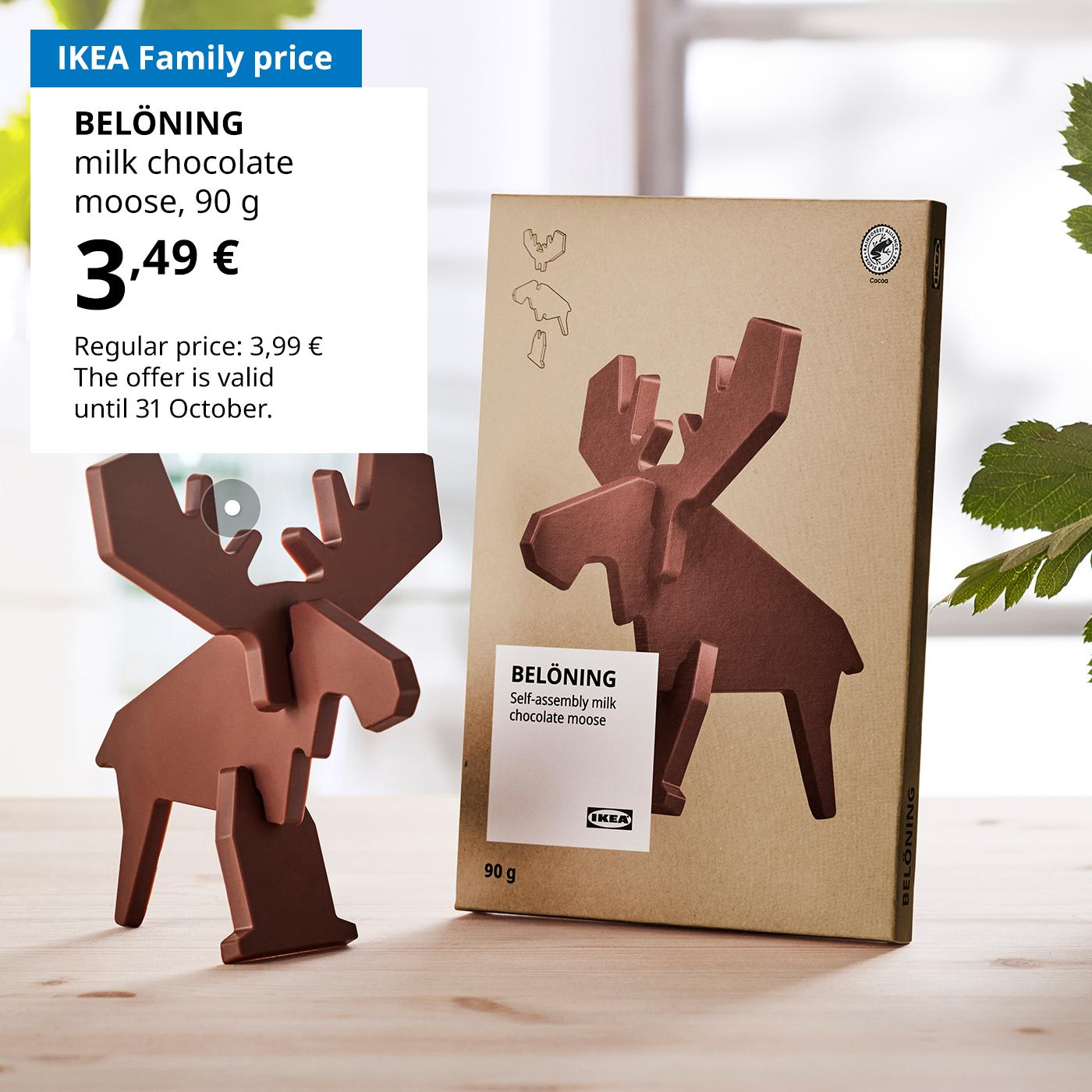 Swedish Food Market offer for IKEA Family club members: BELONING milk chocolate moose for 3.49 € (regular price: 3.99 €).