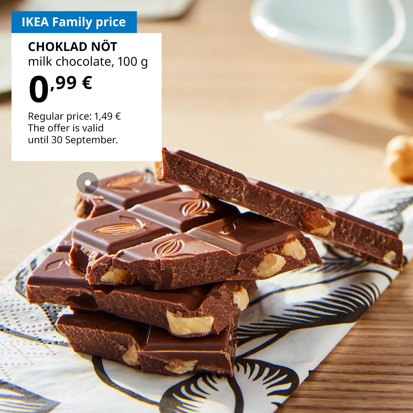 Swedish Food Market offer for IKEA Family club members: CHOKLAD NÖT milk chocolate with hazelnuts for 0.99 € (regular price: 1.49 €).