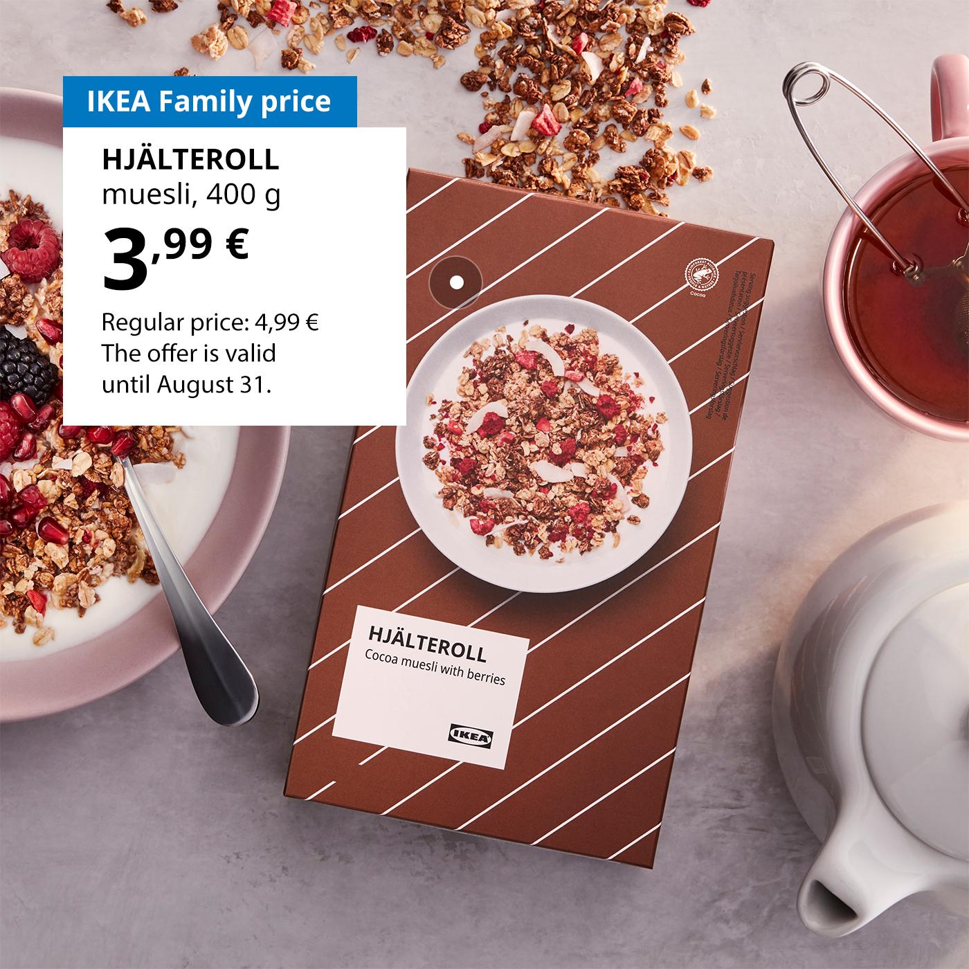 Swedish Food Market offer for IKEA Family club members: HJÄLTEROLL muesli with cocoa and berries for 3,99 € (regular price 4,99 €).