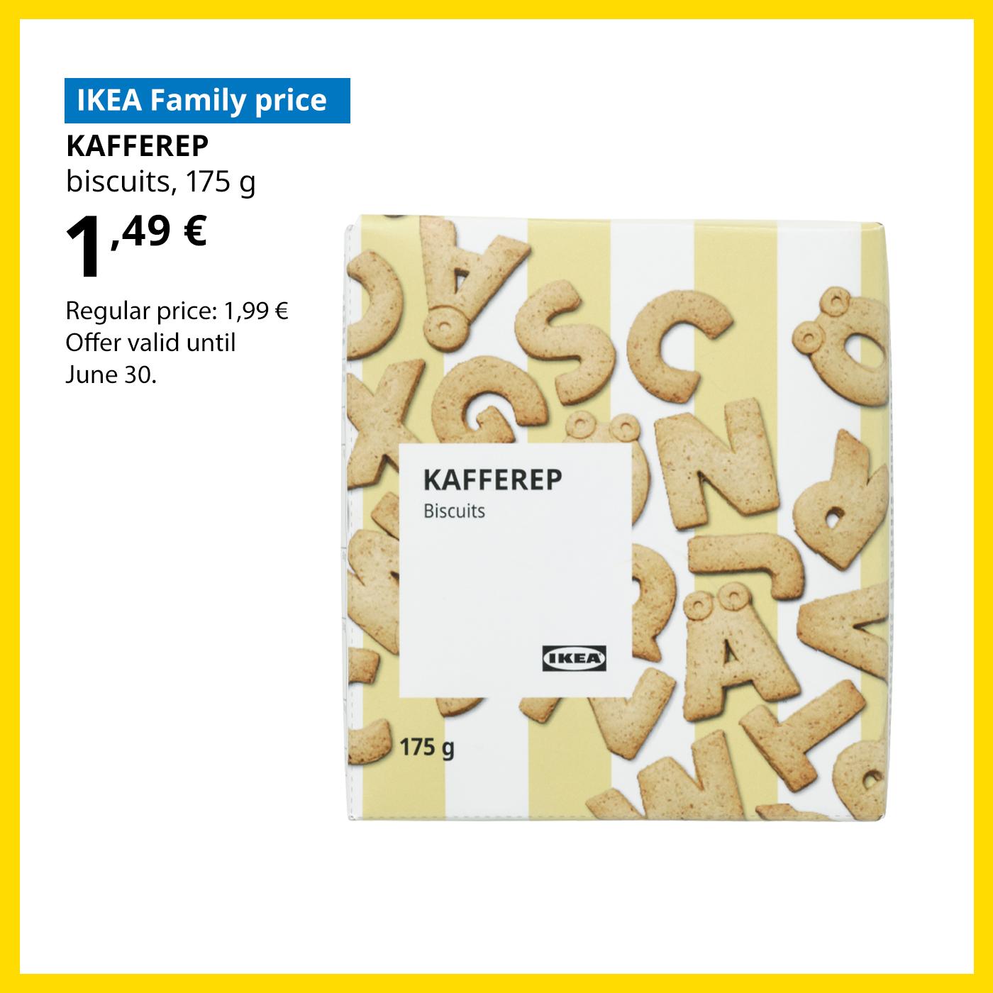 Swedish Food Market offer for IKEA Family club members: letter-shaped KAFFEREP biscuits for 1,49 € (regular price 1,99 €).