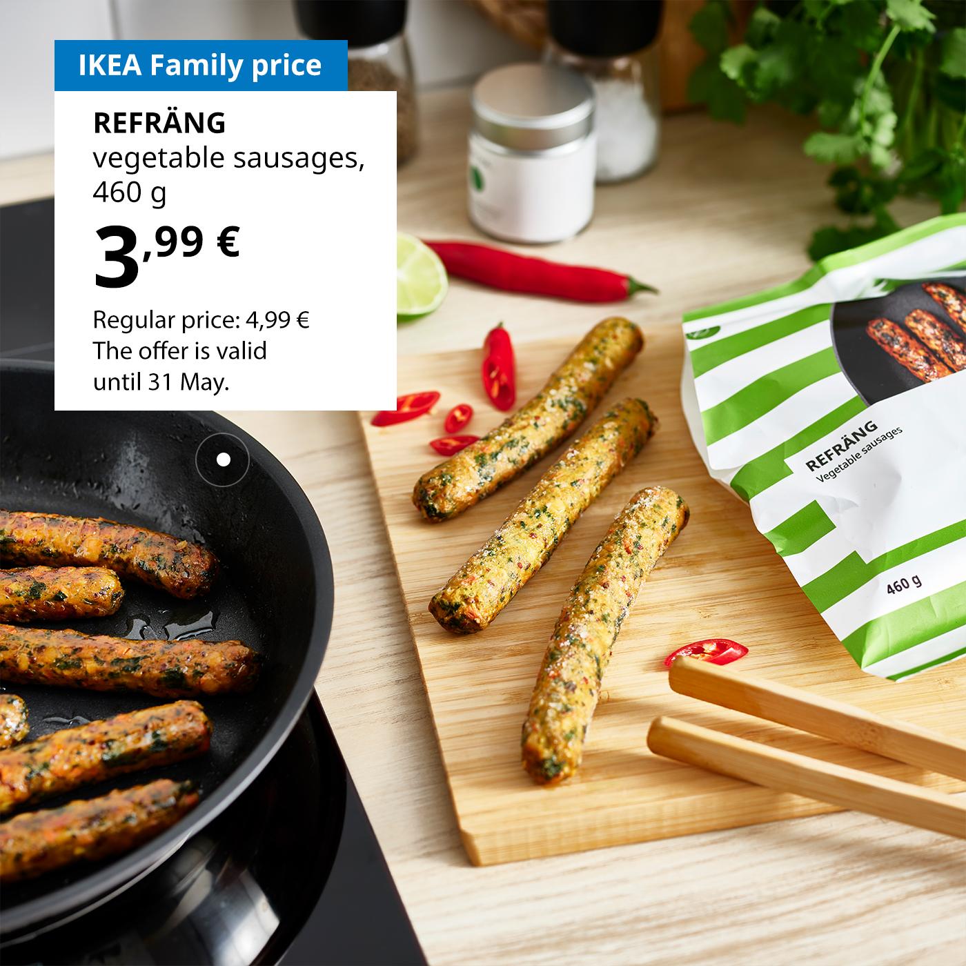 Swedish Food Market offer for IKEA Family club members: REFRÄNG veggie sausages for 3,99 € (regular price 4,99 €).