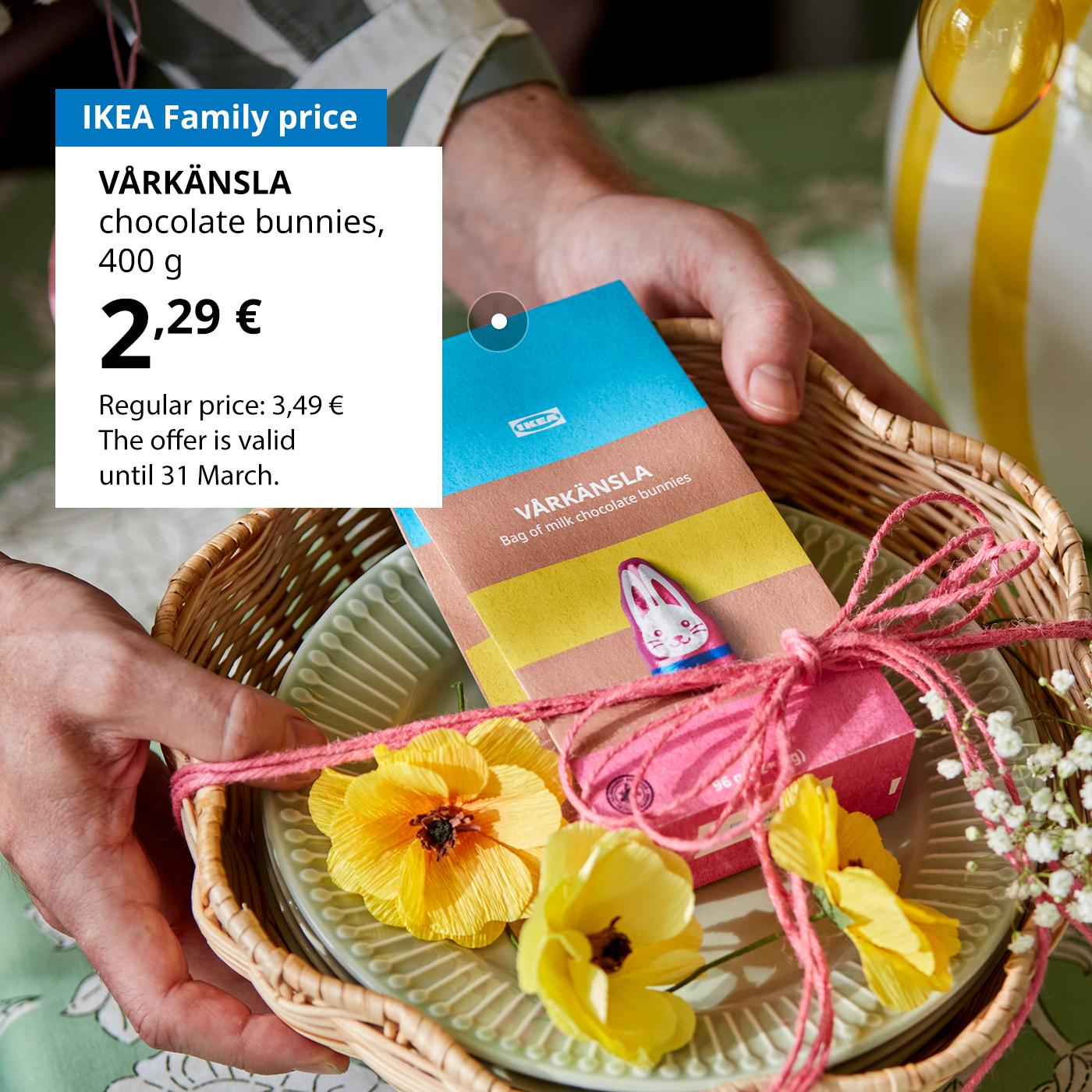 Swedish Food Market offer for IKEA Family club members: VÅRKÄNSLA milk chocolate bunnies for 2,29 € (regular price 3,49 €).