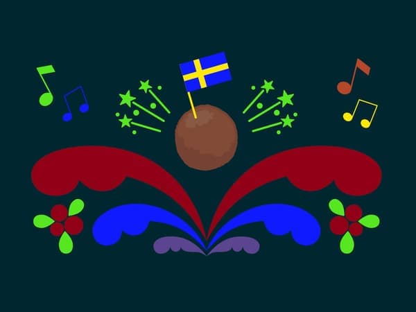 Swedish meatballday image with a meatball with a Swedish flag and drawn fire works
