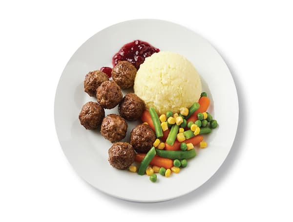 Swedish meatballs regular
portion with mashed potatoes and mix beans