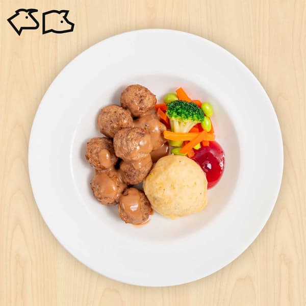 Swedish meatballs with mashed potato and mixed vegetable