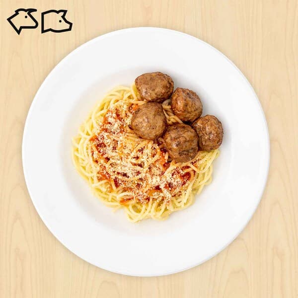 Swedish meatballs with mashed potato and mixed vegetable, with beef and pork food symbols at top left corner of thumbnail