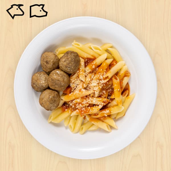 Swedish meatballs with organic penne pasta in tomato suace, with beef and pork food symbols at top left corner of thumbnail