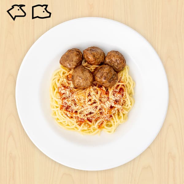 Swedish meatballs with organic spaghetti in tomato suace, with beef and pork food symbols at top left corner of thumbnail