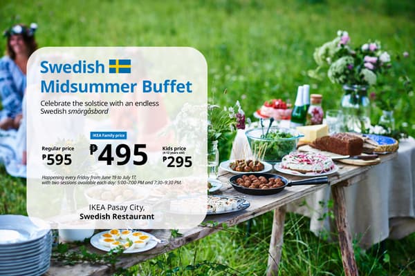 Swedish Midsummer Buffet ad showing outdoor table with Swedish dishes in a green field. Prices listed for IKEA Pasay City restaurant offer.