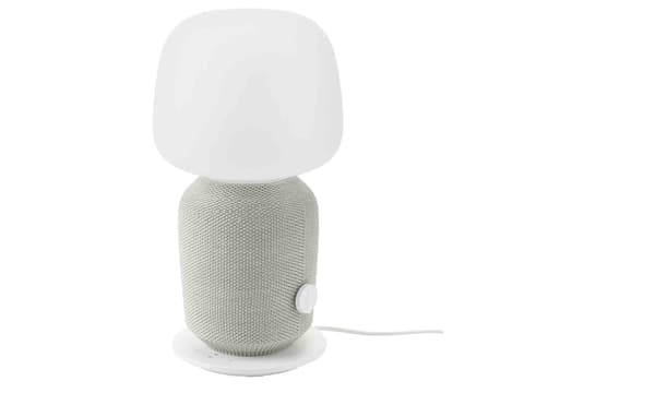 SYMFONISK table lamp speaker in white and grey shown against a white background.