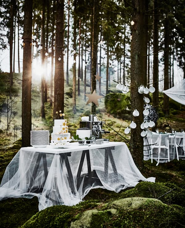 Table à gâteau dans le cadre d’un repas de noces en forêt, avec assiettes blanches empilées sur une table, à côté de tasses de café accrochées à de petites branches  
