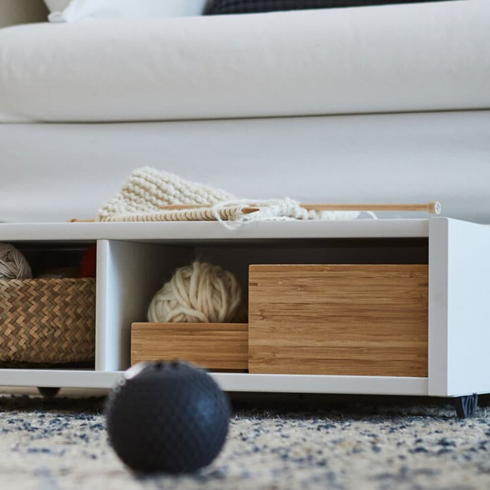 Table basse avec rangement posée sur un tapis à poil long.