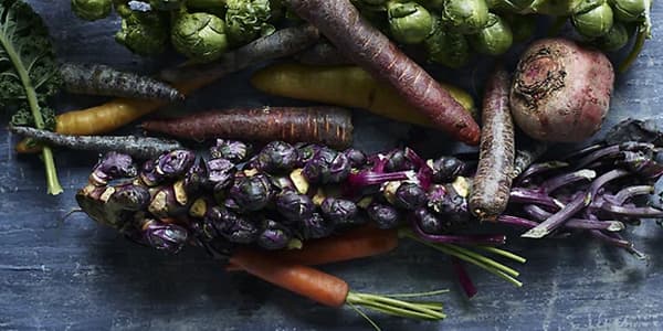 Table of vegetables, including carrots, Brussels sprouts and kale.