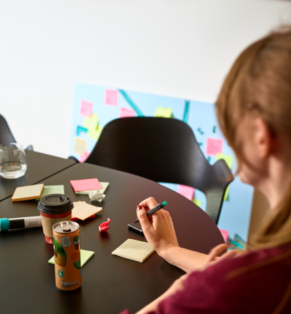 Table with post it notes, coffee and drinks on it