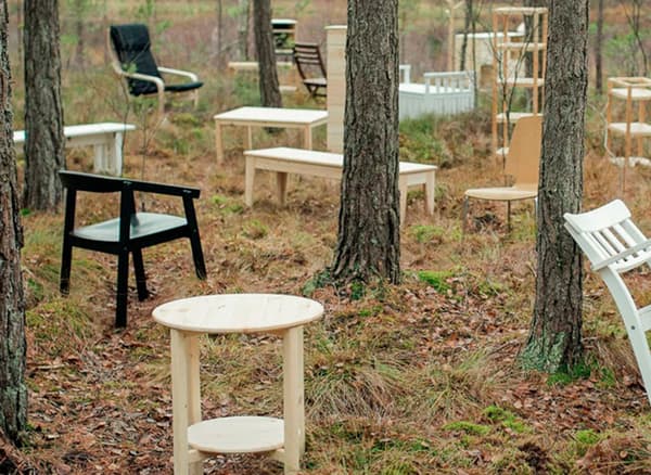 Tables et chaises en bois blanc, noir et clair disposées en forêt, une source de nos matériaux renouvelables.