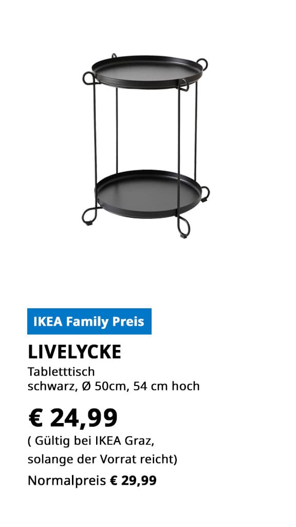 Tabletttisch LIVELYCKE, Durchmesser 50cm, schwarz, statt € 29,99 zum IKEA Family Preis von € 24,99.