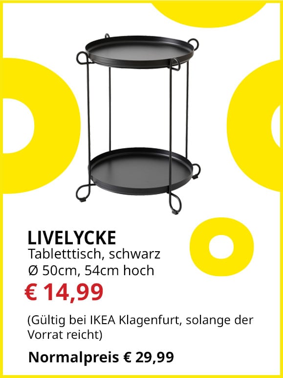 Tabletttisch Livelycke, Durchmesser 50cm, schwarz, statt € 29,99 um € 14,99.