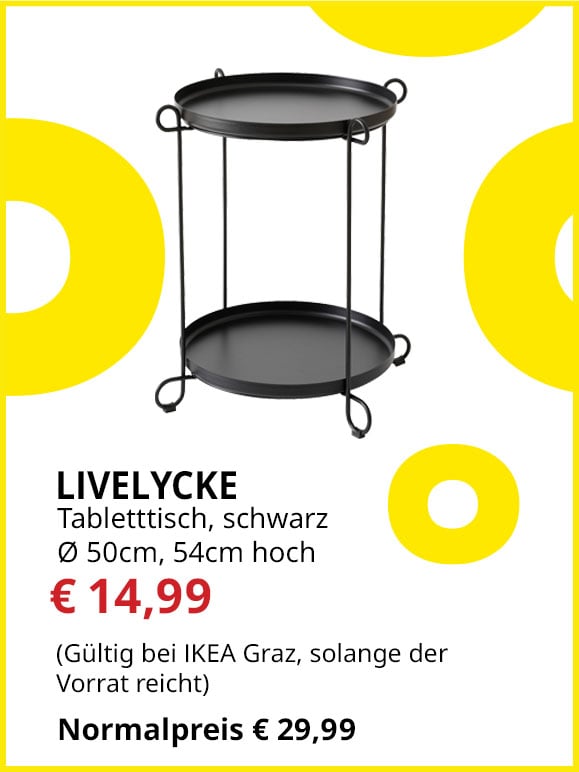 Tabletttisch Livelycke, Durchmesser 50cm, schwarz, statt € 29,99 um € 14,99.