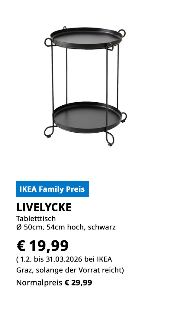 Tabletttisch LIVELYKCE, Durchmesser 50 cm, 54 cm hoch, schwarz, statt € 29,99 zum IKEA Family Preis von  € 19,99