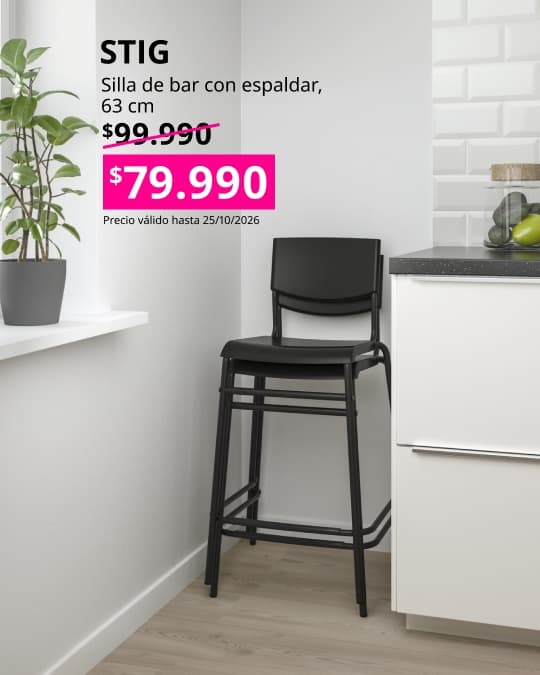 Taburete alto STIG con respaldo, altura para barra de 63 cm, acabado negro.