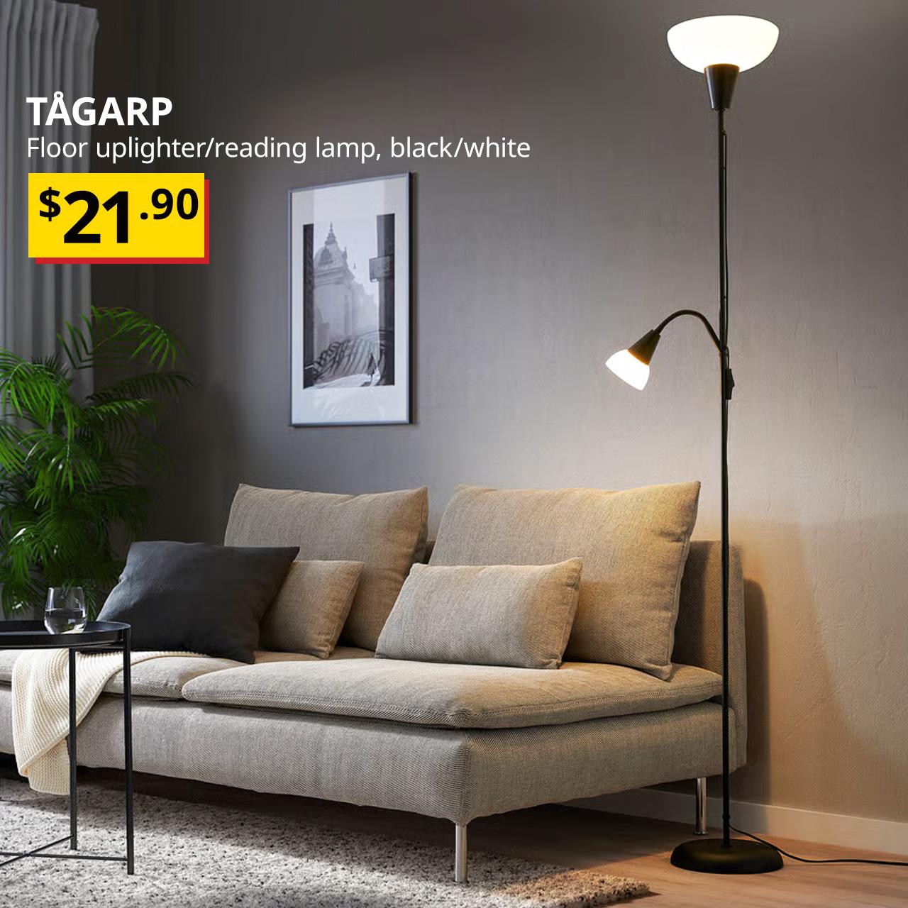 TÅGARP floor uplighter/reading lamp, black/white, $21.90.