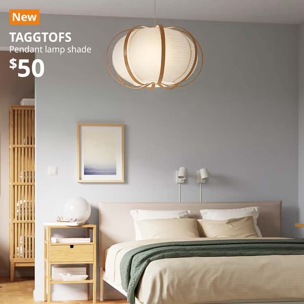 TAGGTOFS pendant lamp shade, white/bamboo, 67 cm, hanging on bedroom ceiling in a Japandi style bedroom. New tag. Priced at $50.