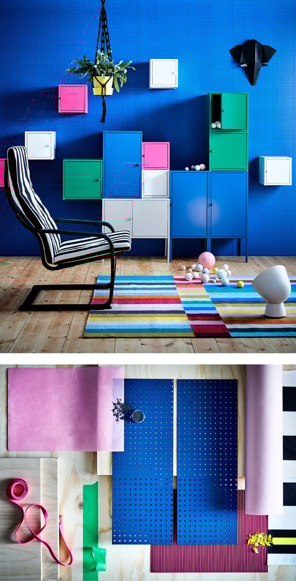 Take colour blocking to the next level through modern furniture. Combine different shapes and sizes of LIXHULT cabinets in playful colours. Restrict the bright hues to three and add in some neutrals too.
