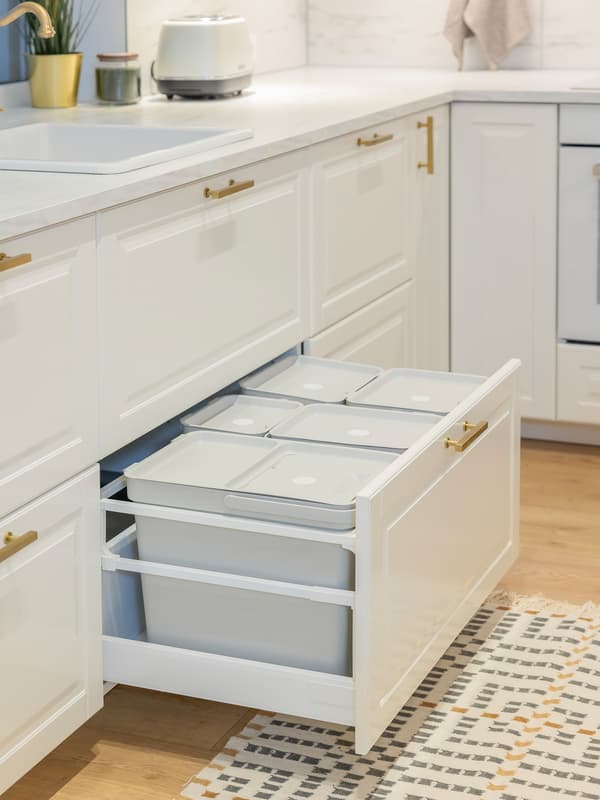 Tall white kitchen cabinet with glass doors and organized storage boxes.
