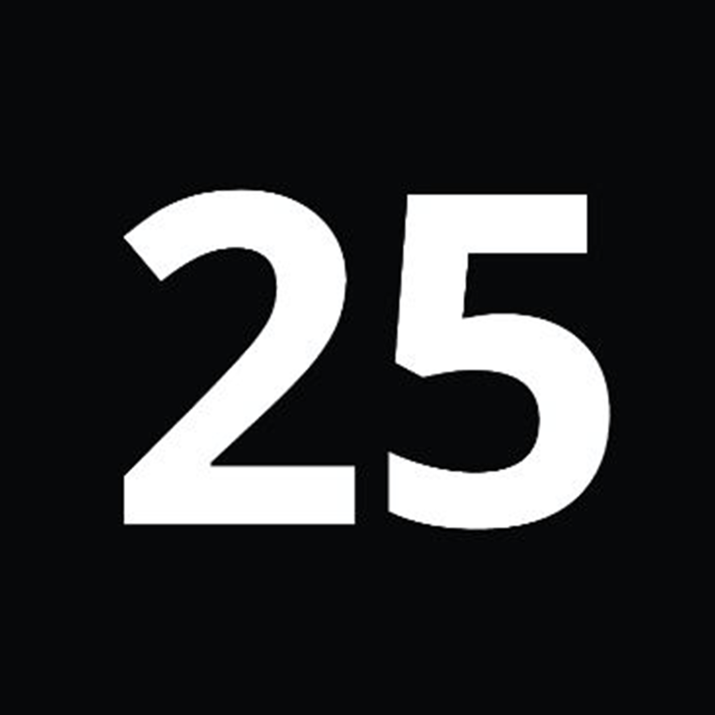 Tallet 25 i hvitt på svart bakgrunn. 