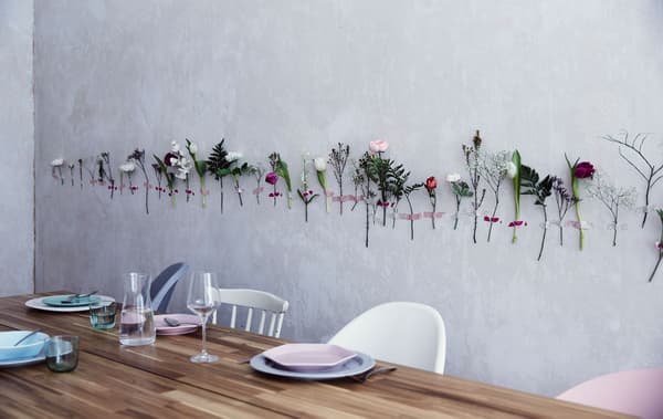Talos de flores individuais fixados con cinta adhesiva en liña ao longo dunha parede branca, detrás dunha mesa de comedor de madeira con pratos e cubertos.