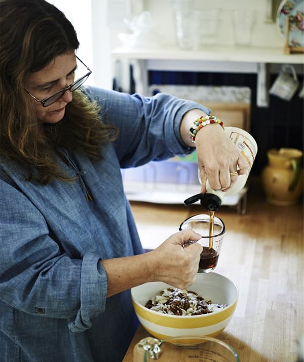Tamar combines the sugar, syrup and olive oil