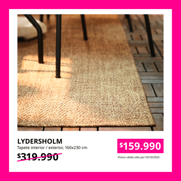 Tapete LYDERSHOLM beige para interior y exterior con precio en cuadrado fucsia.