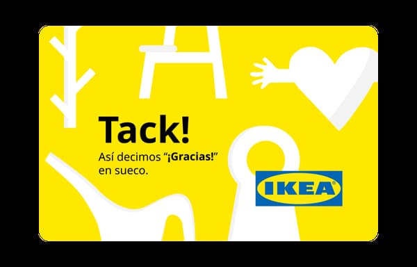 Tarjeta de regalo IKEA México con fondo amarillo y productos en color blanco. Mensaje en la tarjeta: Tack! Asi decimos 