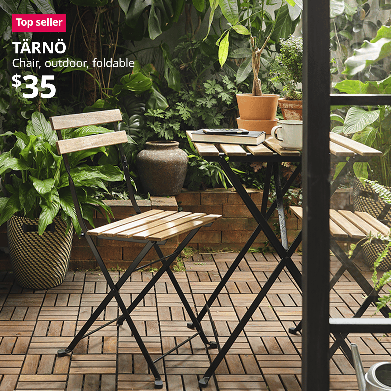 TARNO outdoor foldable chair and table set on top of RUNNEN flooring in an outdoor garden area. Text on image reads "Top seller" in a red box, and TARNO, Chair, outdoor, foldable, $35.
