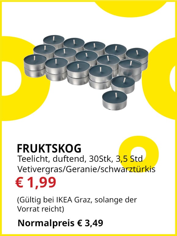 Teelicht, duftend, Fruktskog, 30 Stück, 3,5 Stunden Vetivergras/Geranie, statt € 3,49 um € 1,99.
