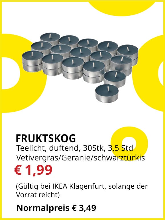 Teelicht, duftend, Fruktskog, 30 Stück, 3,5 Stunden Vetivergras/Geranie, statt € 3,49 um € 1,99.
