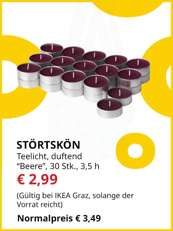 Teelicht Störstskön, Beerenduft, 30 Stück, 3,5 Stunden Brenndauer, statt € 3,49 um € 2,99.