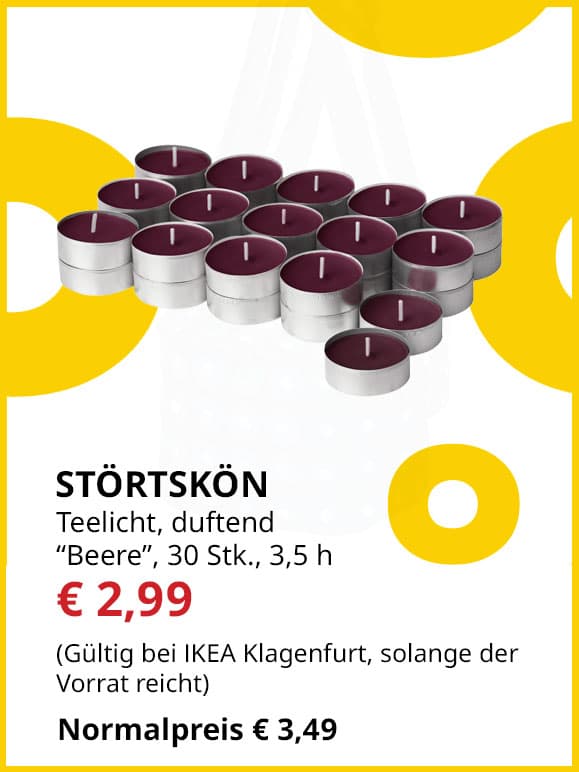 Teelicht Störstskön, Beerenduft, 30 Stück, 3,5 Stunden Brenndauer, statt € 3,49 um € 2,99.